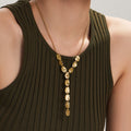 Gold Hammered Teardrop Disc Y Necklace With Extender view 3