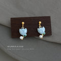 Blue And Pink Flower Bud Pearl Like Drop Earrings In Two Styles view 1