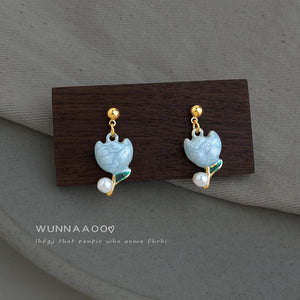Blue And Pink Flower Bud Pearl Like Drop Earrings In Two Styles