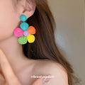 Multicolor Woven Disc Flower Drop Earrings with Polished Metal Accents view 3
