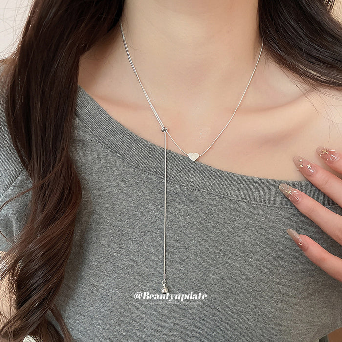 Silver Tone Heart Y Drop Necklace with Delicate Chain