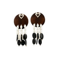 Wood Disc Pearl and Black Bead Drop Stud Earrings Statement Jewelry view 5