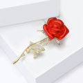 Red Rose Stem Brooch with Clear Crystal Leaves Decorative Metal Pin view 3