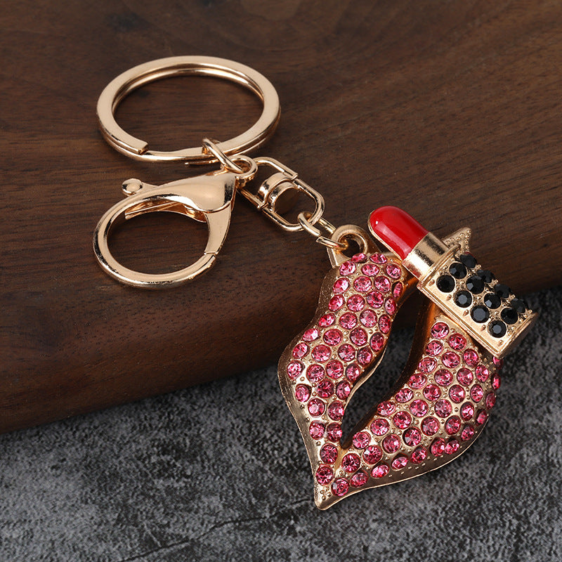 Red Lips Rhinestone Keychain Metal Car Key Ring Bag Charm for Women