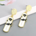 Gold Tone Clear Rectangle Black Rose Drop Stud Earrings view 4