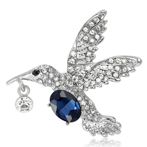 Silver rhinestone hummingbird brooch with navy oval body crystal
