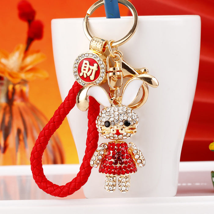 Jeweled Flower Dress Rabbit Keychains in Red Pink and Blue