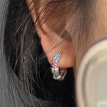 Black Huggie Hoop Earrings With Multicolor Crystal Rows