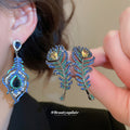Blue Crystal Feather Drop Stud Earrings Decorative Jewelry Pair view 2