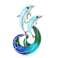 Blue Enamel Twin Dolphin Wave Brooch Silver Tone Metal Pin view 5