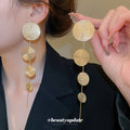 Textured Disc Long Drop Earrings in Five Metallic Colors view 2