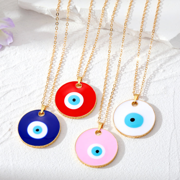 Gold Tone Oversized Round Evil Eye Pendant Necklaces