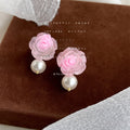 Pink Translucent Resin Rose Stud Earrings Pearl Drop Styles view 6