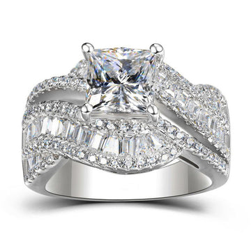 Silver Princess Cut Twisted Baguette Halo Ring Sizes 6-10