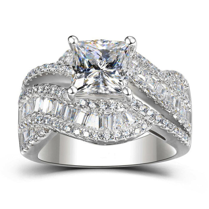 Silver Princess Cut Twisted Baguette Halo Ring Sizes 6-10
