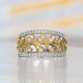 Two Tone Leaf Filigree Crystal Band Ring Polished Metal Jewelry view 2