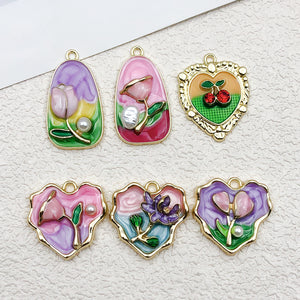 Oil-Painting Style Enamel Flower Charms, Gold-Tone Zinc Alloy, Singles or Packs