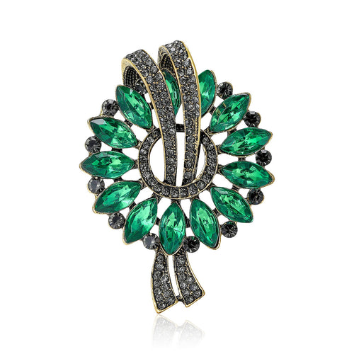 Antique gold green marquise crystal bow brooch front
