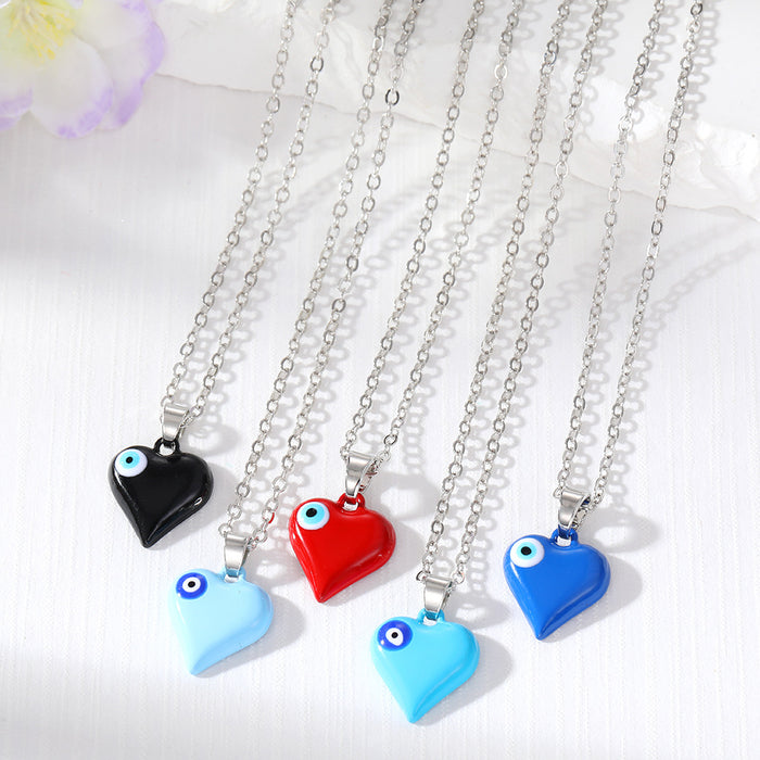 Silver Tone Puffy Heart Evil Eye Pendant Necklaces in Five Colors