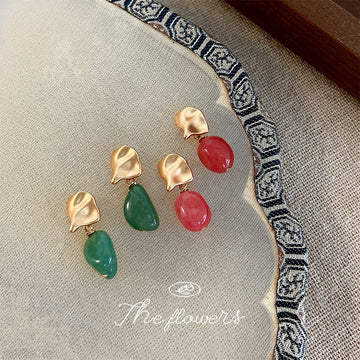 Gold Leaf Stud Earrings with Faceted Pink Teardrop