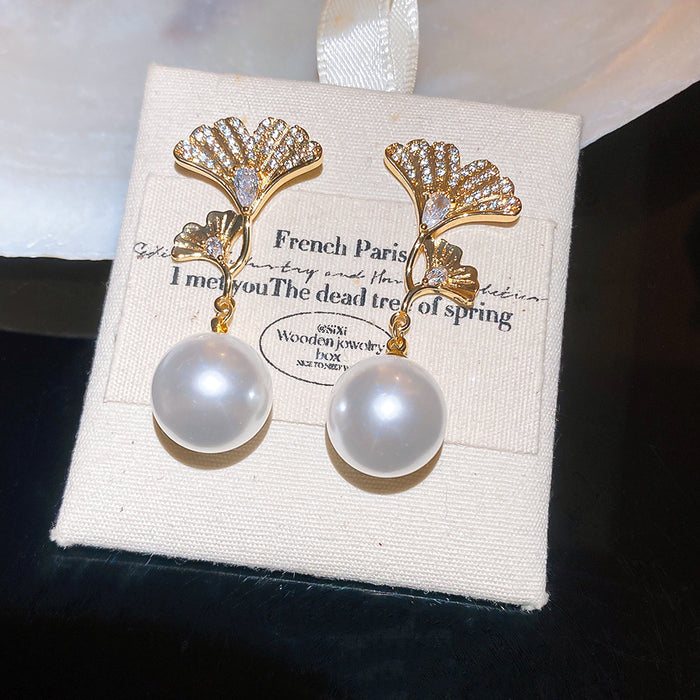Textured Leaf and Pearl Stud Earrings in White and Purple