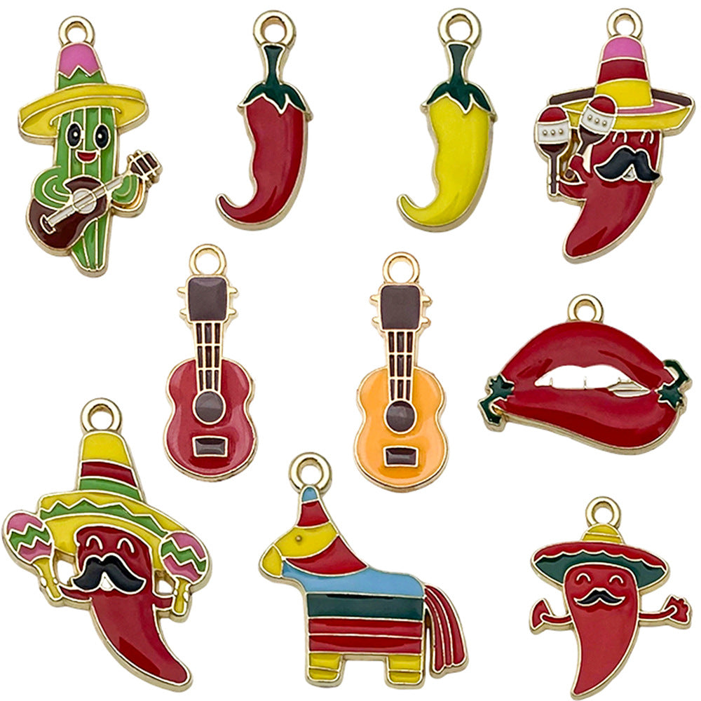 Enamel Zinc Alloy Chili Pepper Cactus Mexican Theme Charm Pendant for DIY Jewelry
