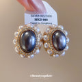 Purple Gray Oval Faux Pearl Cluster Stud Earrings With Decorative Metal Details view 1