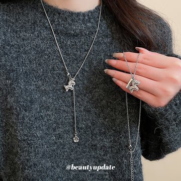 Silver Horse Pendant Necklace With Polished Metal Tone Details