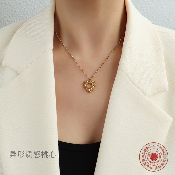 Open Heart Organic Texture Pendant Necklace Gold Steel