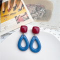 Red Square and Blue Open Teardrop Earrings With Metal Details view 3