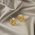 Polished Gold Triple Layer Open C Hoop Stud Earrings view 4