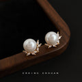 Gold White Pearl Stud Earrings Clear Marquise CZ Leaf view 4