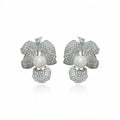 Silver Tone Crystal Flower and Large Pearl Stud Earrings view 5