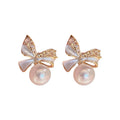 Crystal Bow Pearl Stud Earrings For Women Jewelry Style view 5