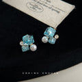 Silver Tone Aqua Cube White Pearl And Clear Stone Stud Earrings view 4