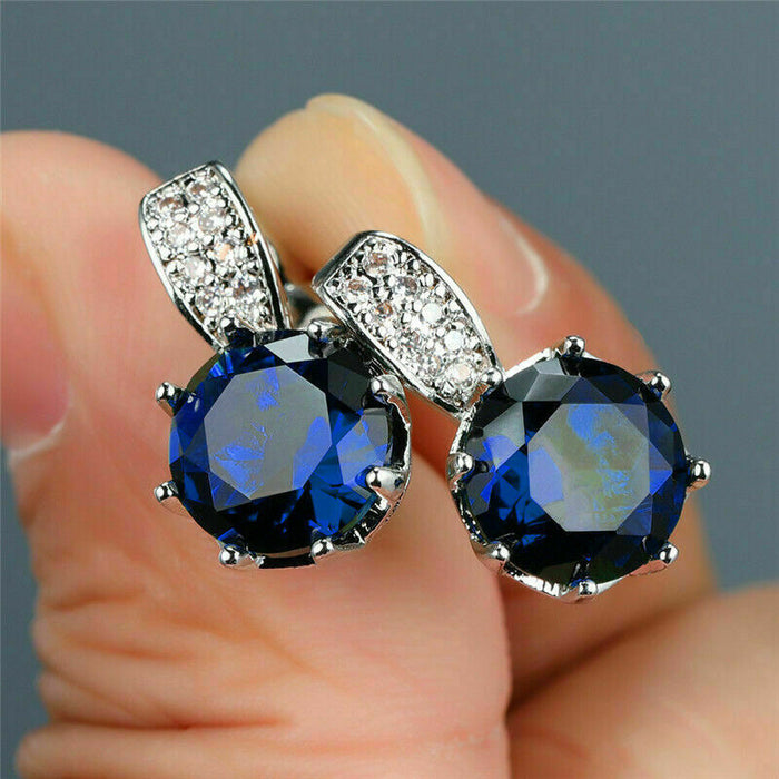 Silver Blue Round CZ Drop Stud Earrings with Pavé Bar