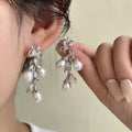 Silver Leaf Branch Pearl Look Teardrop Long Earrings view 6