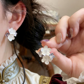 Blue Enamel Flower Stud Earrings With Clear Crystal Centers