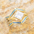 Gold Tone Geometric Ring with Blue Enamel and Clear Center view 5