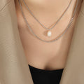 Layered Face Plaque Pearl Necklace Gold Steel Multi Chain view 9