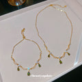 Gold Green Teardrop Scalloped Necklace and Bracelet view 2