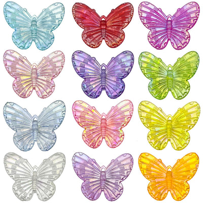Multicolor butterfly charms arranged on a light background