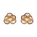Gold Fan Petal Flower Stud Earrings Burgundy Rim CZ view 5