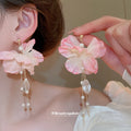 Blue Fabric Flower Crystal Tassel Stud Earrings Statement Pair view 4