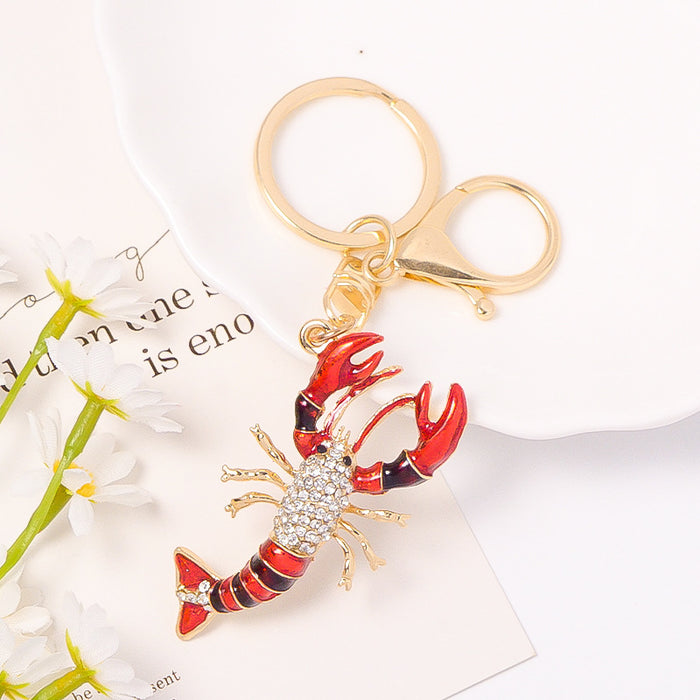 Red Enamel Lobster Keychain Rhinestone Body Gold Tone Clasp