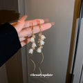 White Bellflower Pearl Threader Drop Earrings Polished Metal Jewelry view 1
