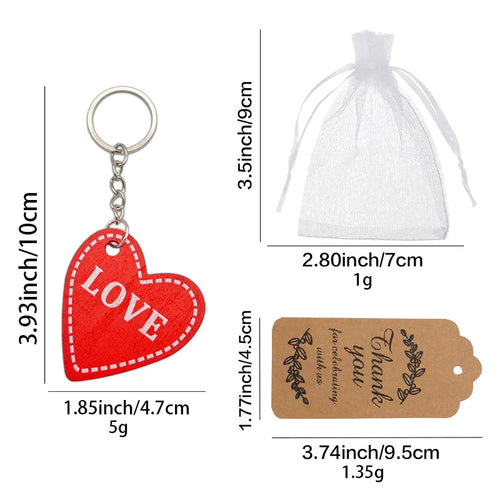 Size chart for red love wood heart keychain packaging weights