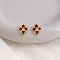Burgundy Enamel Four Petal Gourd Center CZ Stud Earrings view 1