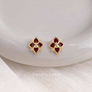 Burgundy Enamel Four Petal Gourd Center CZ Stud Earrings