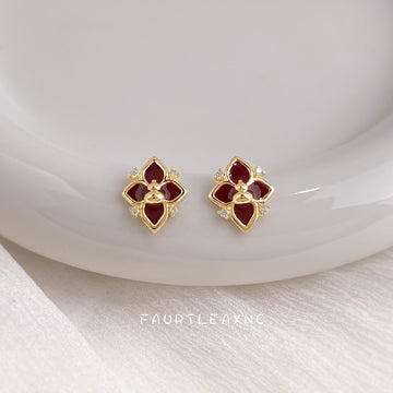 Burgundy Enamel Four Petal Gourd Center CZ Stud Earrings